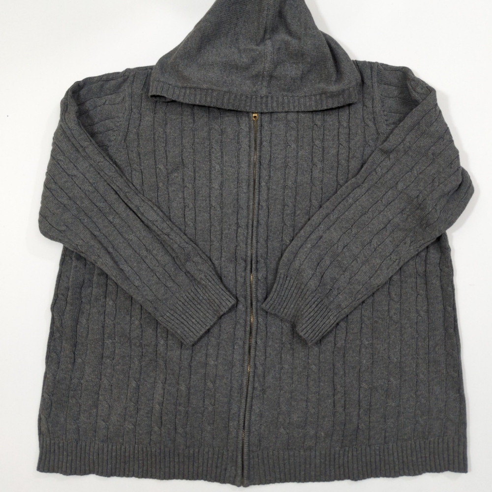 Woman Within Cotton Cable Knit Hooded Cardigan Sweater 1X